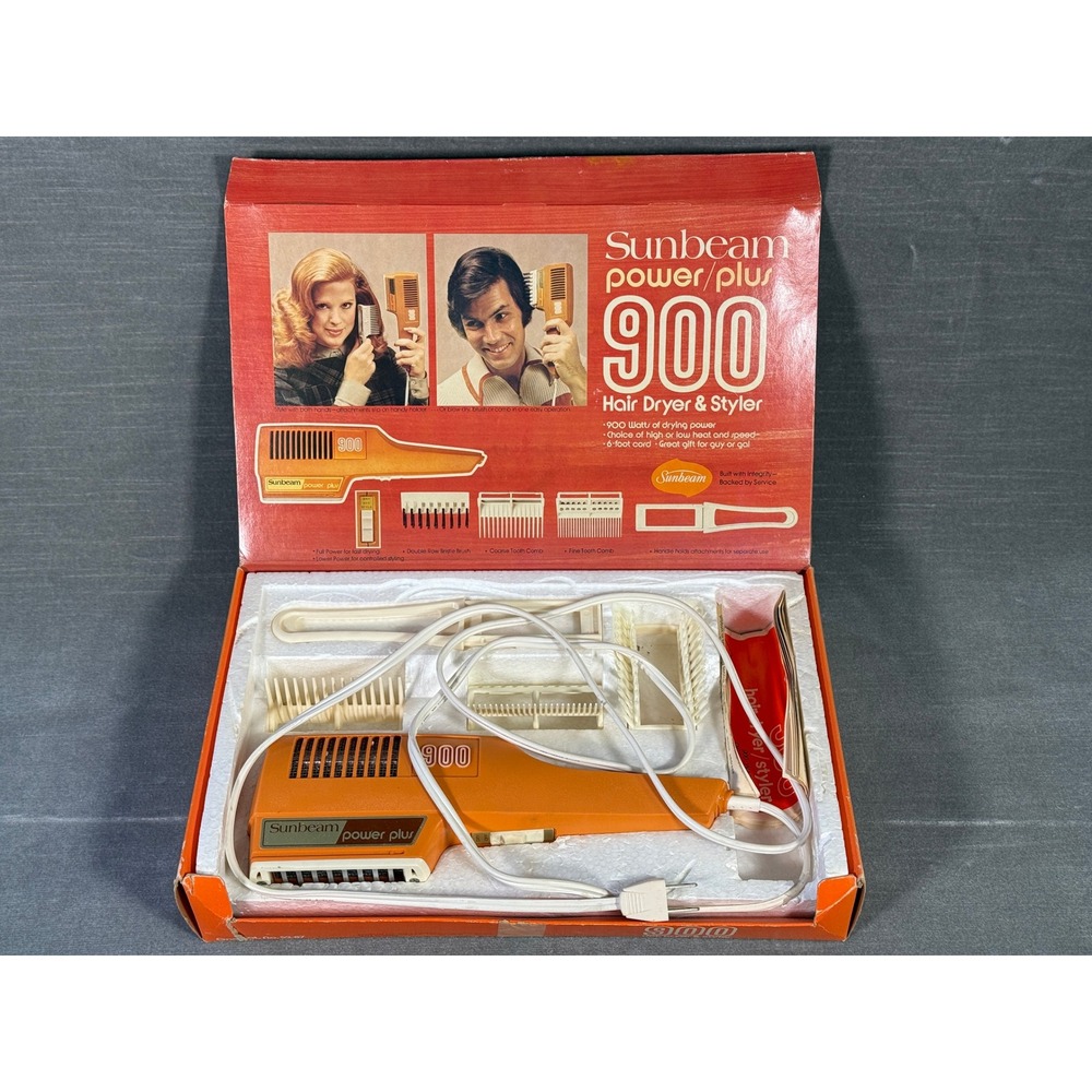 Vintage Sunbeam Power Plus 900 Hair Dryer Styler Orange Model DCY with Box 900W